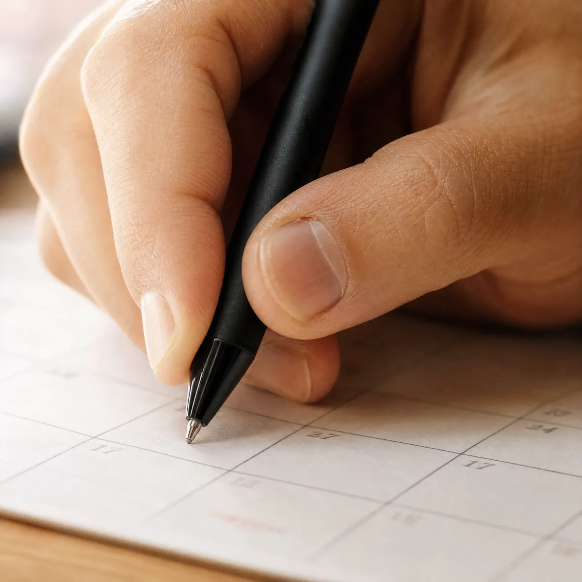 A hand writing the dates of a project into a paper planner